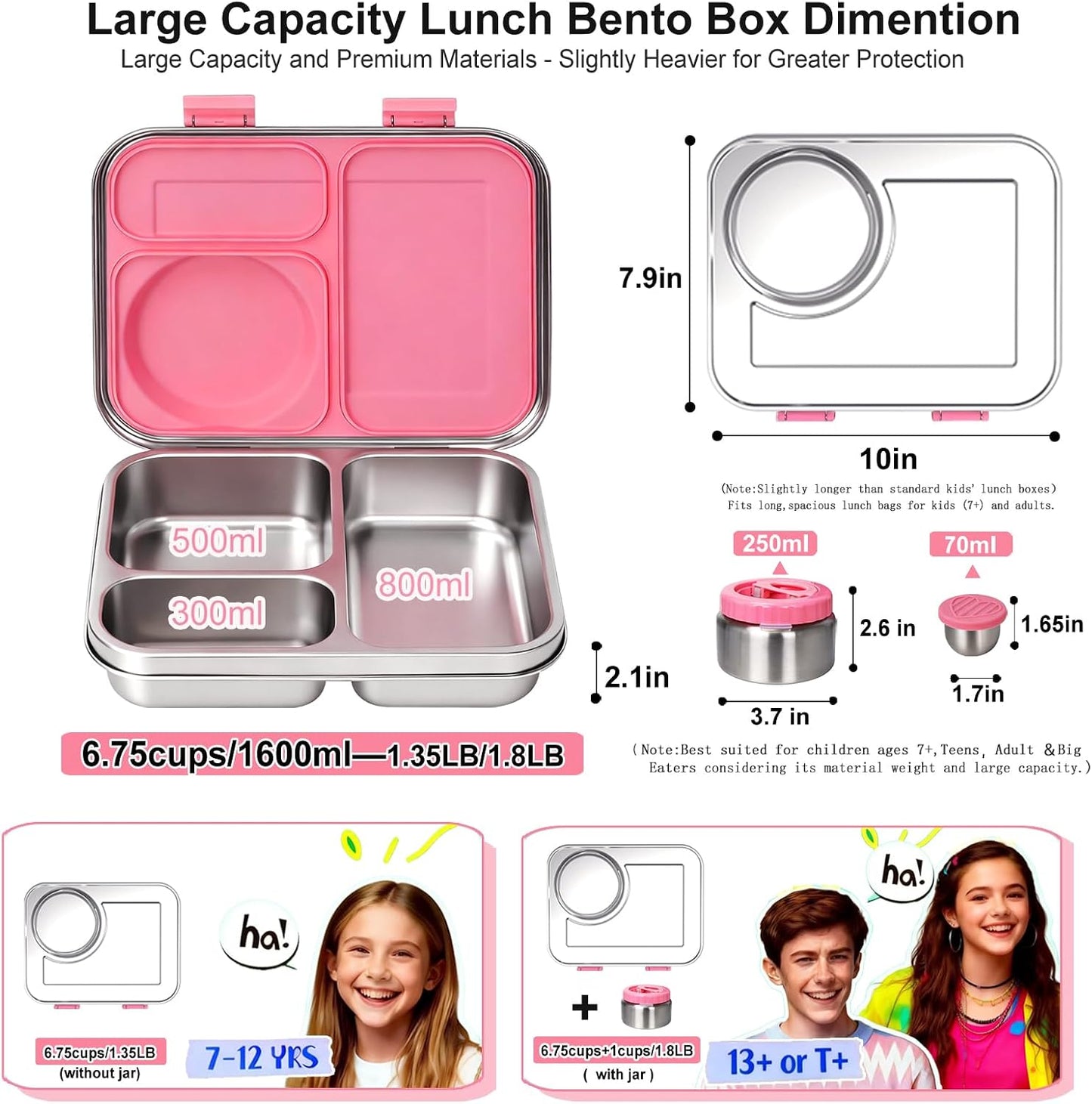 Stainless Steel Bento Lunch Box：7+ Older Kids，Teens ＆ Adult with Insulated Food Jar,Leakproof 3-Compartment,BPA-Free, Eco-Friendly,Dishwasher Safe, Large-Capacity Box, School,Office,Travel （Blue)