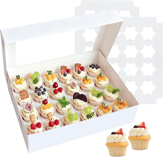 2 Pack White Mini Cupcake Boxes Holder for 24 Cupcakes, Food Grade Dessert Muffins Box Containers with Window and Inserts for Birthday Holiday Party Bakery Supplies