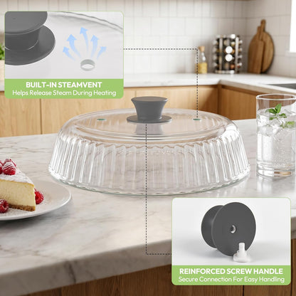 Glass Microwave Cover for Food, 10 Inch Heat Resistant Splatter Guard Lid with Silicone Mat & Vent Holes, Borosilicate Glass Dishwasher Safe, BPA-Free No Plastic