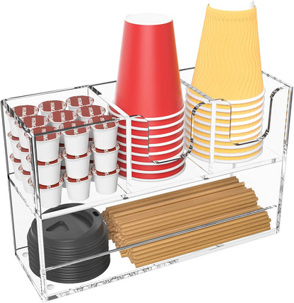 Coffee Condiment and Cup Organizer - 2-Tier Upright Cup and Lid Holder with Straw Organizer 2 Compartments Clear Acrylic Cup Dispenser for Restaurant Breakroom Coffee Station Countertop