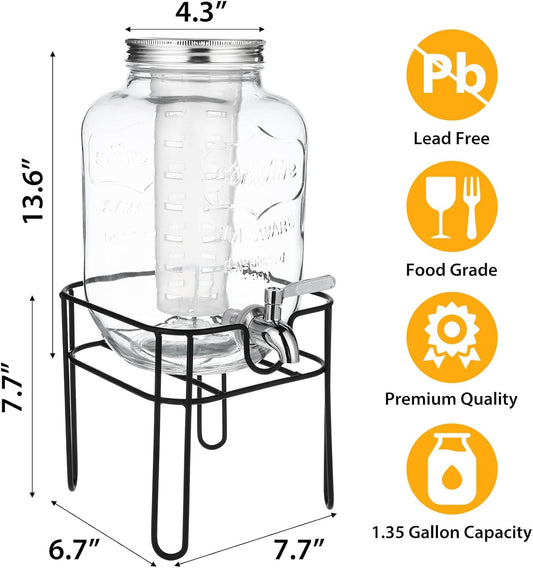 Drink Dispenser 1.35 Gallon Glass Beverage Dispenser with Stand & Stainless Steel Spigot, Drink Dispensers for Parties with Fruit Infuser for Lemonade, Iced Tea, Juice, Laundry Detergent