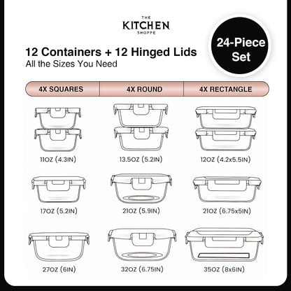 KITCHEN SHOPPE 24pc Borosilicate Glass Storage Containers with Airtight Lids | Heavy Duty, Non-Toxic Food Storage Containers for Pantry, Meal Prep, Lunch or Leftovers | Freezer/Oven/Microwave Safe