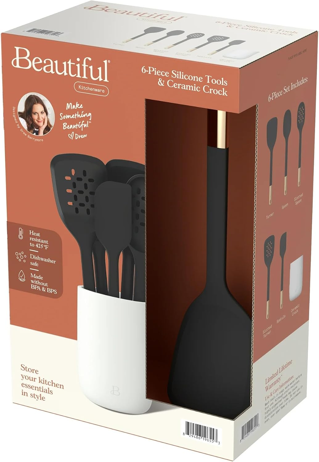 6 Piece Silicone Kitchen Utensil Set with Holder, Heat Resistant Cooking Tools, Nonstick Safe Spatula Spoon Turner Set with Ceramic Storage Crock