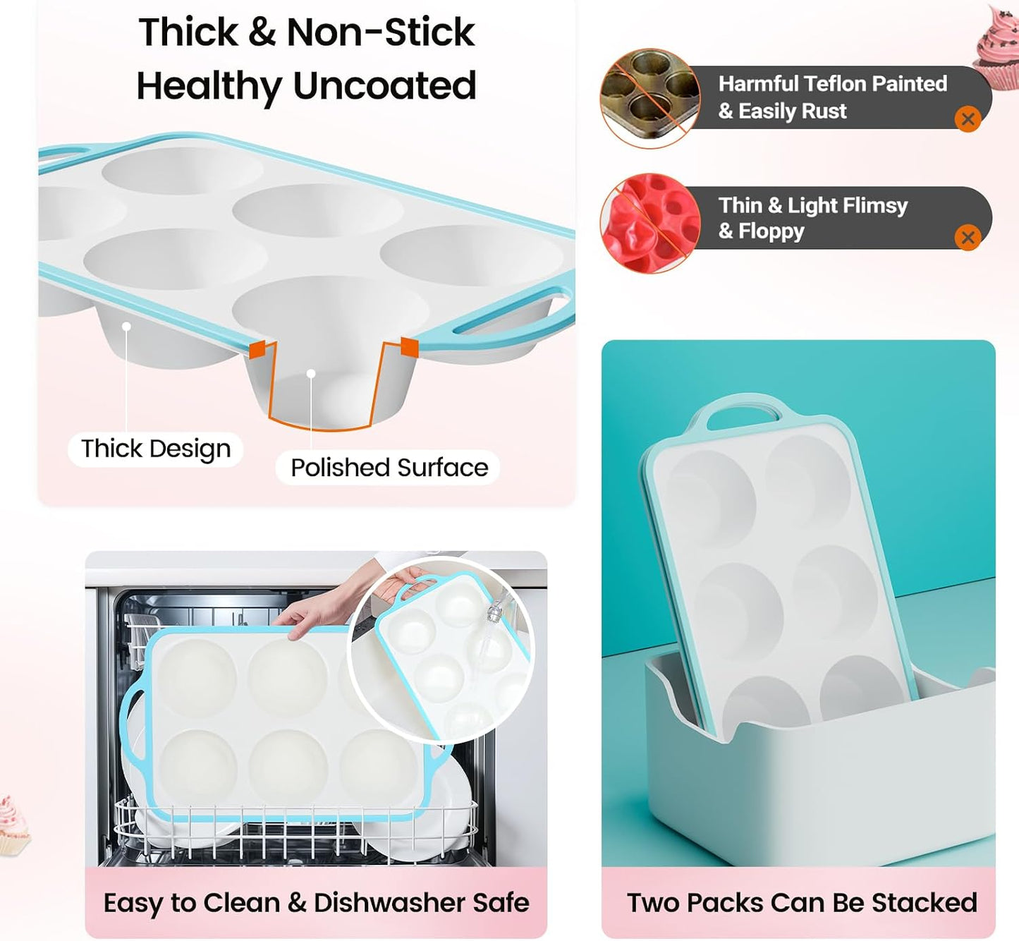 Silicone Muffin Pans for Baking 2 Pack, 2.6 Inch with Metal Reinforced Frame, Regular Size Nonstick Cupcake Pan 12 Cups for Baking Homemade Muffins, Dishwasher Safe BPA Free-Blue