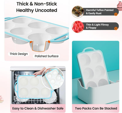 Silicone Muffin Pans for Baking 2 Pack, 2.6 Inch with Metal Reinforced Frame, Regular Size Nonstick Cupcake Pan 12 Cups for Baking Homemade Muffins, Dishwasher Safe BPA Free-Blue