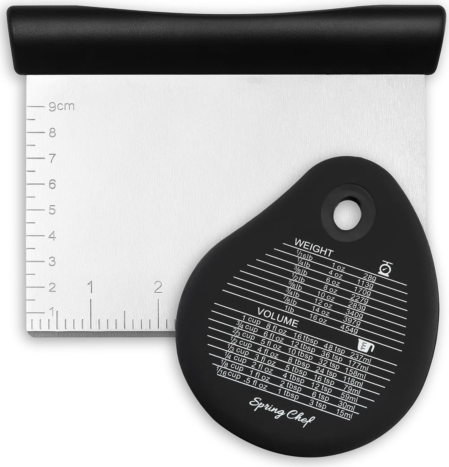 Spring Chef Dough Bench Scraper for Baking with Markings - Stainless Steel Kitchen Dough Cutter Tool with Bowl Pastry Scraper for Pizza, Bread, Pastries - Bench Knife - Dishwasher Safe - Black