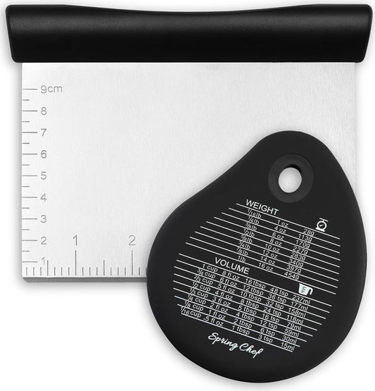 Spring Chef Dough Bench Scraper for Baking with Markings - Stainless Steel Kitchen Dough Cutter Tool with Bowl Pastry Scraper for Pizza, Bread, Pastries - Bench Knife - Dishwasher Safe - Black