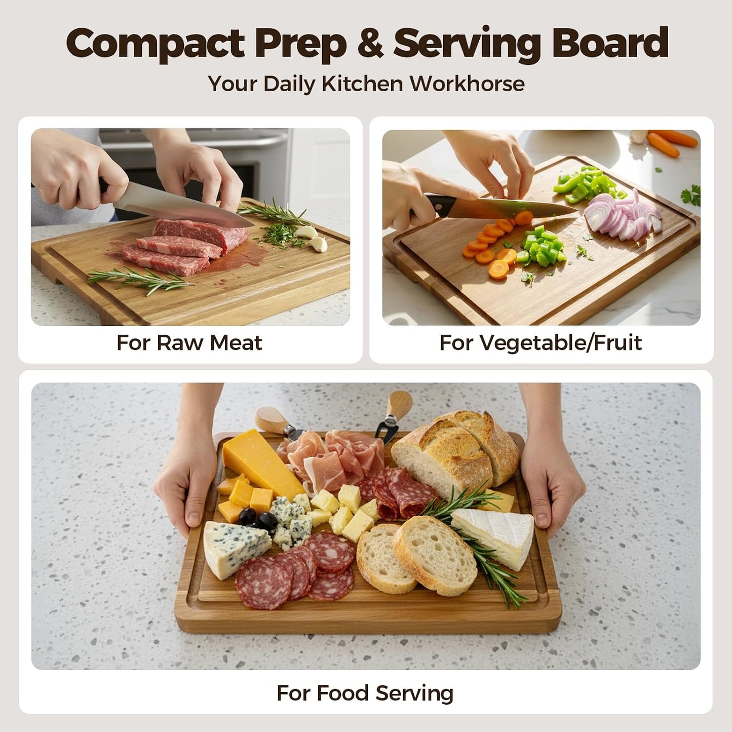 Acacia Wood Cutting Board for Kitchen, Set of 3 - Durable Thick Chopping Boards with Juice Grooves & Handles for Prep & Serving, Impressive Gift for Housewarming, Christmas, and Home Chefs