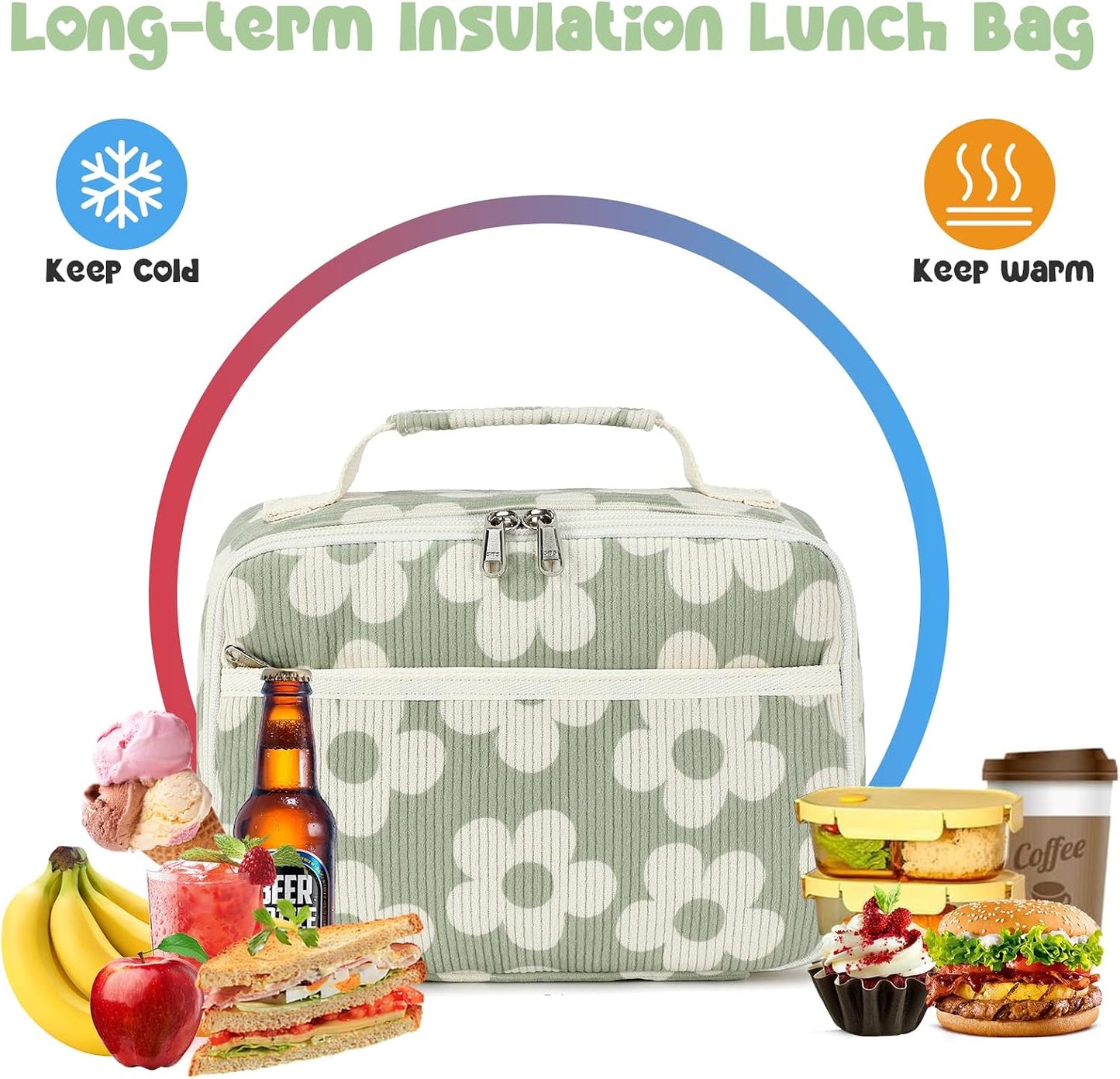 Bluboon Insulated Lunch Bag for Girls & Boys, Corduroy School Lunch Box with Cooler & Organizer Compartments, Leak-Proof Lunch Tote for School, Travel (Corduroy Strawberries Beige)
