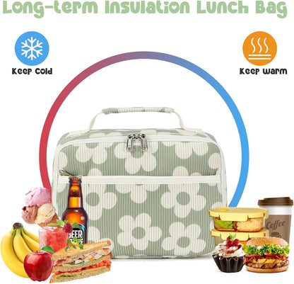 Bluboon Insulated Lunch Bag for Girls & Boys, Corduroy School Lunch Box with Cooler & Organizer Compartments, Leak-Proof Lunch Tote for School, Travel (Corduroy Strawberries Beige)