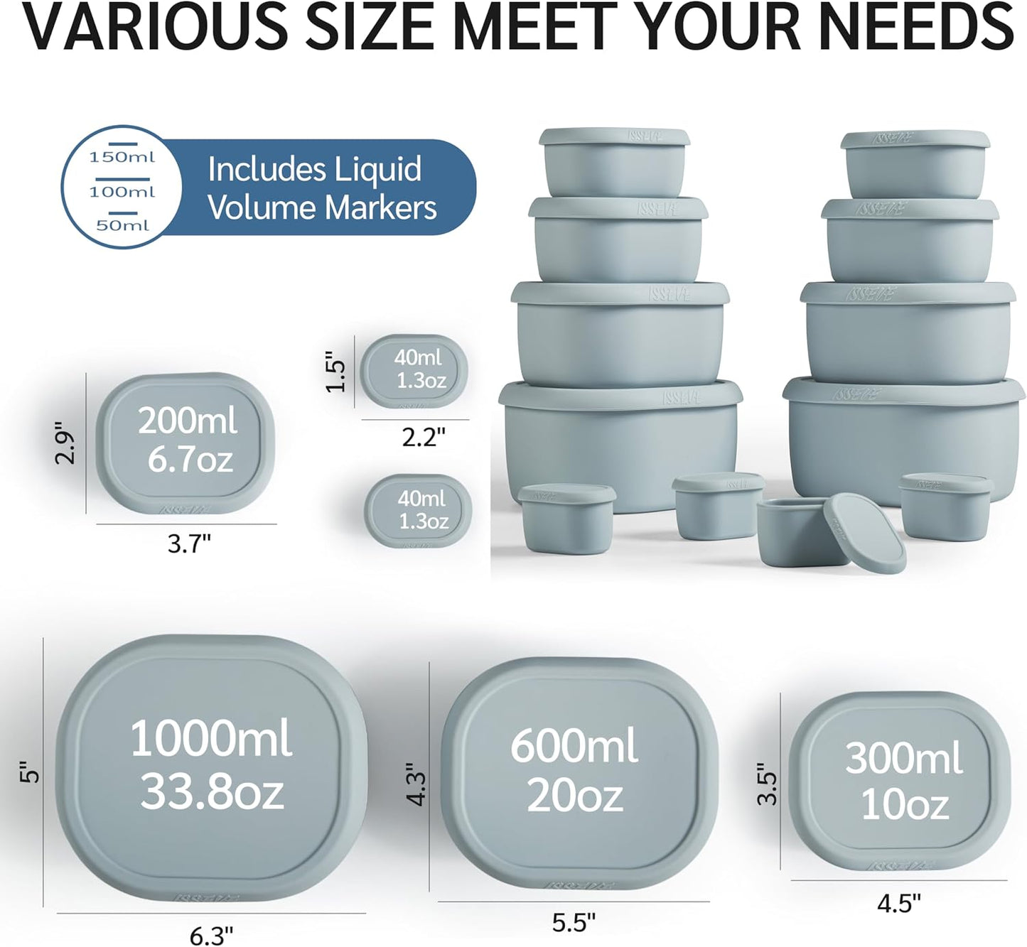 ISSEVE 12Pcs/Set Nesting Silicone Food Storage Containers with Lids, BPA Free Reusable Meal Prep Silicone Containers Airtight, Freezer Dishwasher Safe (33.8oz, 20oz, 10oz, 6.7oz, 1.3oz) (Beige)