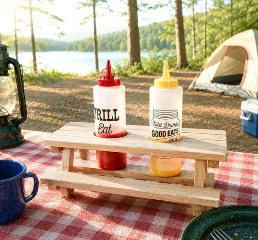 Wooden Picnic Table Condiment Caddy, Hand-Crafted Wood, 12 x 10 x 5 in, for BBQ and Outdoor Use