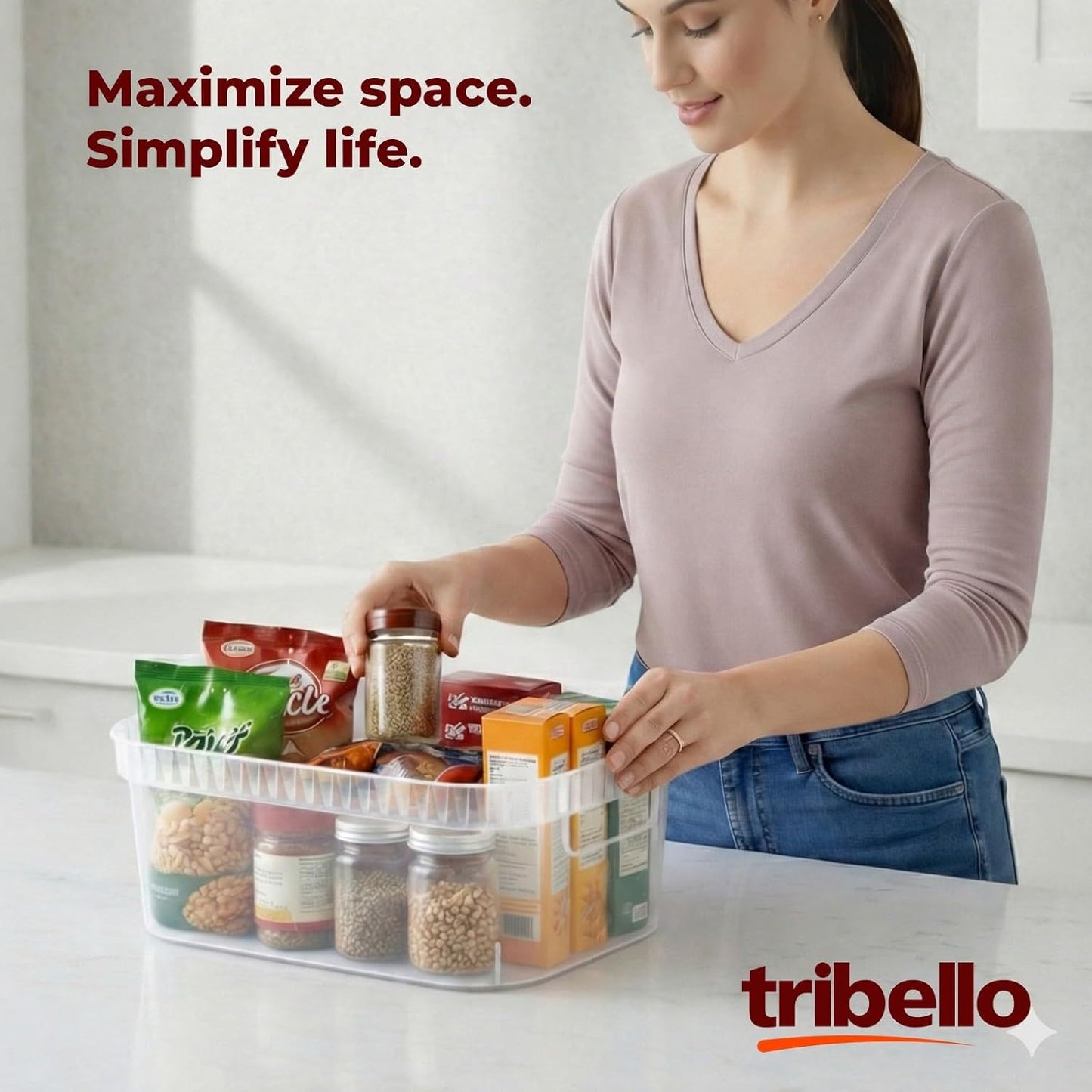 Tribello Narrow Storage Bins – Slim, Clear Plastic Storage Basket, Clear Organizer for Tight Spaces (2 Pack, 15” x 6” x 6”)