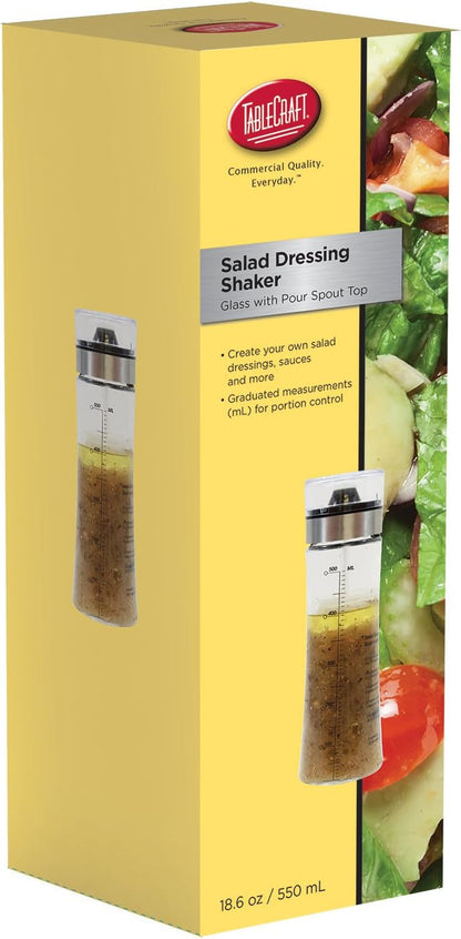 Tablecraft Salad Dressing Shaker, Glass with Plastic & Metal Pour Spout Top, Clear