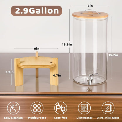 Beverage Dispenser 2.1 Gallon, Glass Drink Dispenser with Stand, Drink Dispensers for Parties, Beverage Dispenser with Wood Stand, Stainless Steel Spigot, for Parties,Bars,Restaurants (2.1 Gallons)