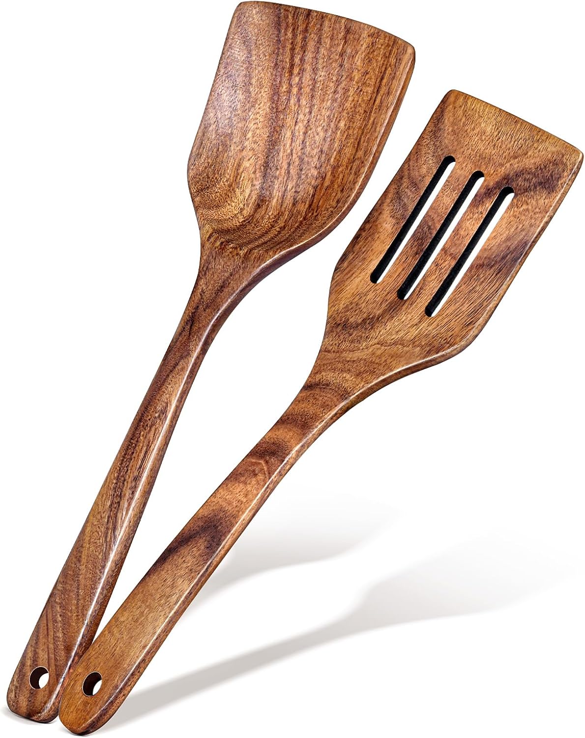 Wooden Spatula, Acacia Solid & Slotted Turner Spatula Set, Long Handle Flat Frying Spatulas, Ideal Kitchen Gift for Mother and Grandma, Kitchen Utensils Set for Cooking, Frying, Baking