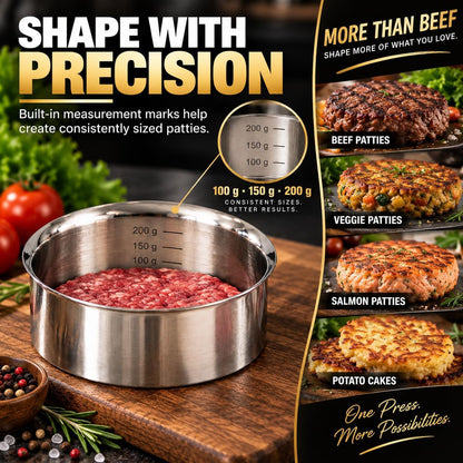 Stainless Steel Burger Press with Patty Ring – Multi-Purpose Meat & Veggie Patty Maker, Smash Burger Press, Food-Grade Stainless Steel, Dishwasher Safe, Gift Box Packaging