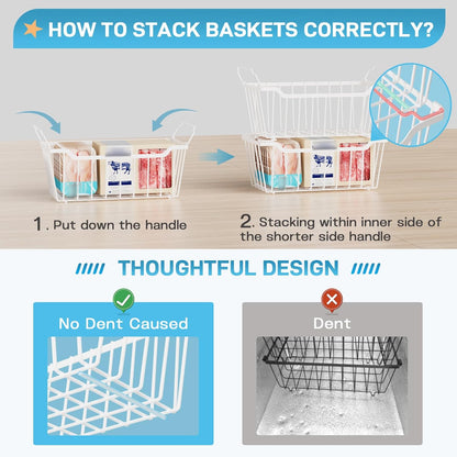 SUNALLY Freezer Organizer Bins, 8 Pack Chest Freezer Organizer Stackable for 5-7 Cu.FT Deep Freezer Sort Frozen Meats and Food, Freezer Storage Baskets with Handles Easy Reach from Bottom, White