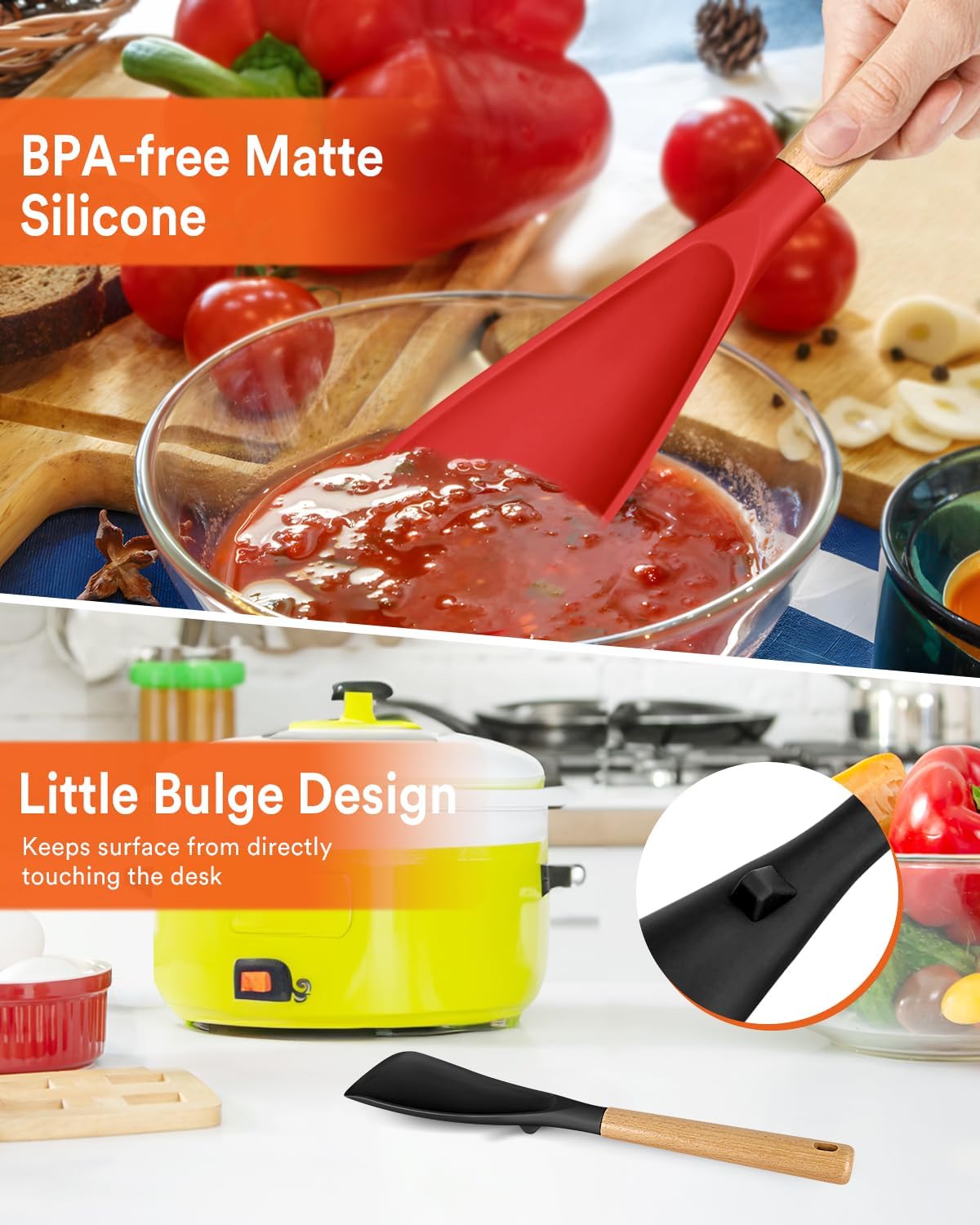 Cooking Spoon for Nonstick Cookwares, Great for Cooking and Serving Sturdy BPA-Free Matte Silicone, Wood Handle Spoon for Mixing, Scoop, and Scrape (Black & Grey, 11.4 inch)