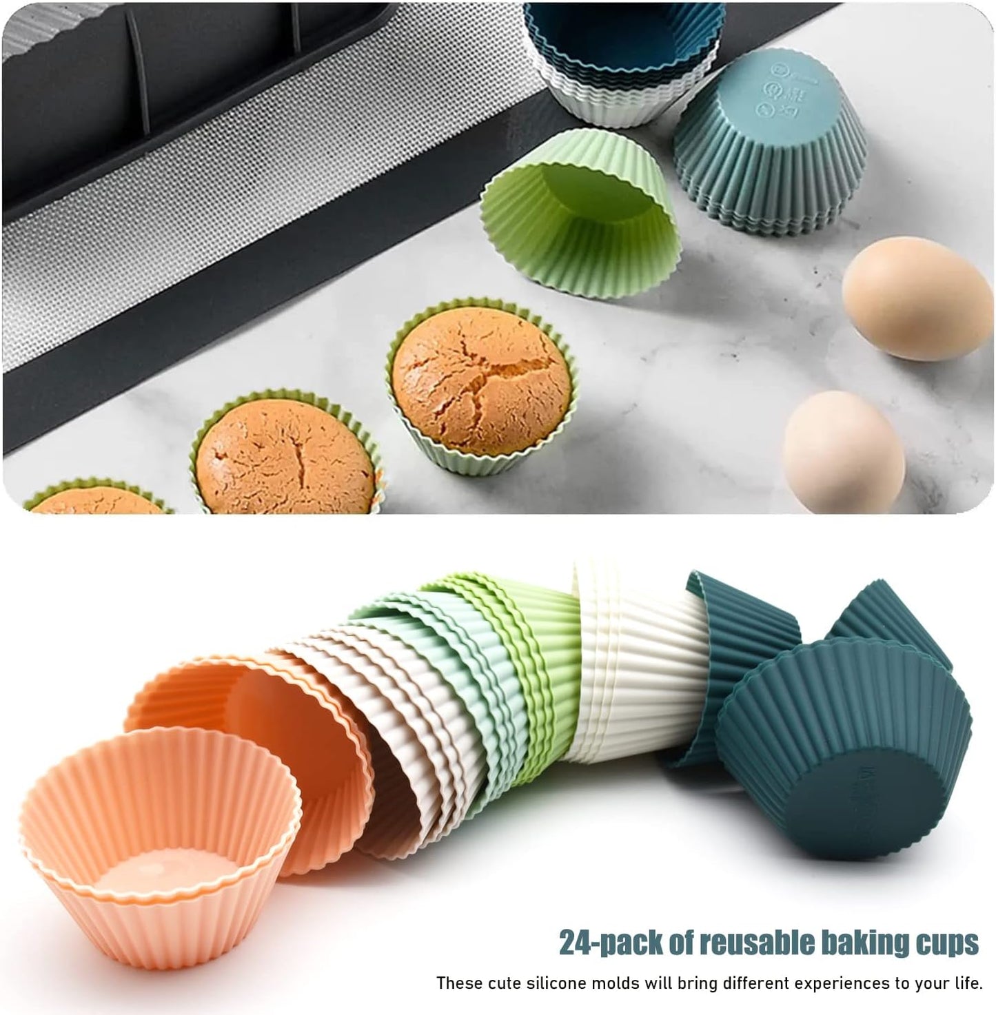 Silicone Cupcake Baking Cups 24 Pack, Reusable & Non-stick Muffin Cupcake Liners Holders Set for Party Halloween Christmas, Easy Clean Pastry Muffin Molds（Pack of 24,Multicolor）