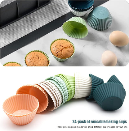 Silicone Cupcake Baking Cups 24 Pack, Reusable & Non-stick Muffin Cupcake Liners Holders Set for Party Halloween Christmas, Easy Clean Pastry Muffin Molds（Pack of 24,Multicolor）