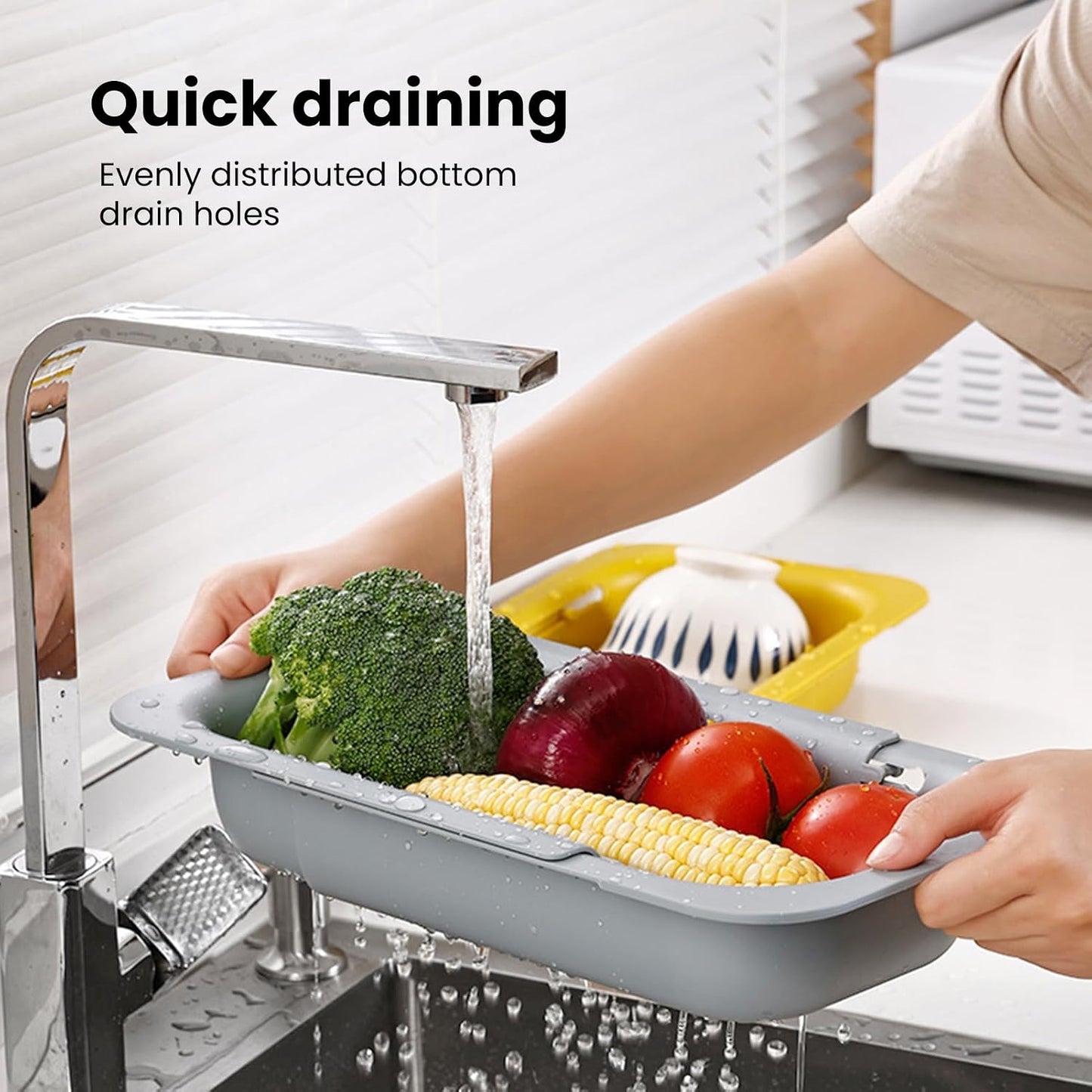 YOXIER Expandable Drain Basket Retractable Colander Retractable Drain Basket Over Sink Multifunctional Grade Pp Extendable Fruit Vegetable Washing Drainer Colander Strainer Bowl Tableware Container