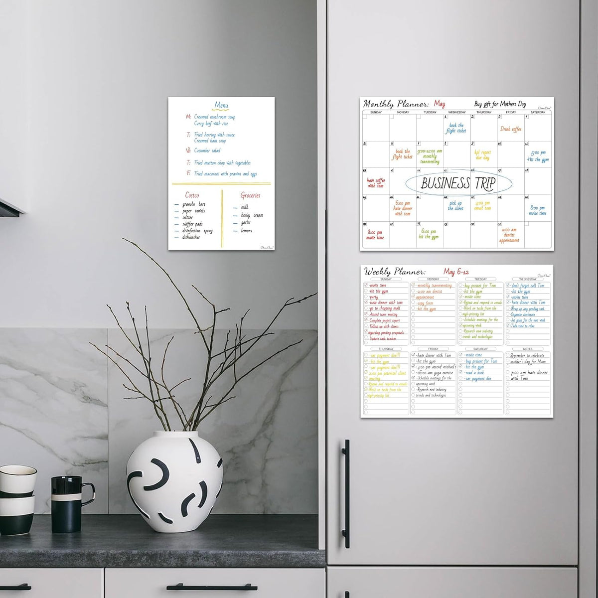Non-Magnetic Dry Erase List for Fridge - Reusable 8"x11.5" List and Weekly Planning Board Stick to Most Smooth Surfaces - 3 Dry Erase Markers Included