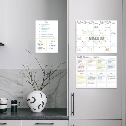 Non-Magnetic Dry Erase List for Fridge - Reusable 8"x11.5" List and Weekly Planning Board Stick to Most Smooth Surfaces - 3 Dry Erase Markers Included
