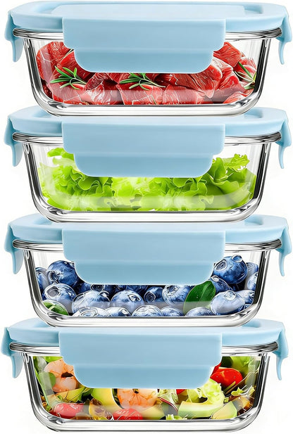 FEOOWV 4Pack 13oz/0.37L Glass Meal Prep Containers with Lids, Glass Storage Containers with Lids, BPA-Free, Pantry Organizers and Storage, Freezer to Oven Safe (Pink)