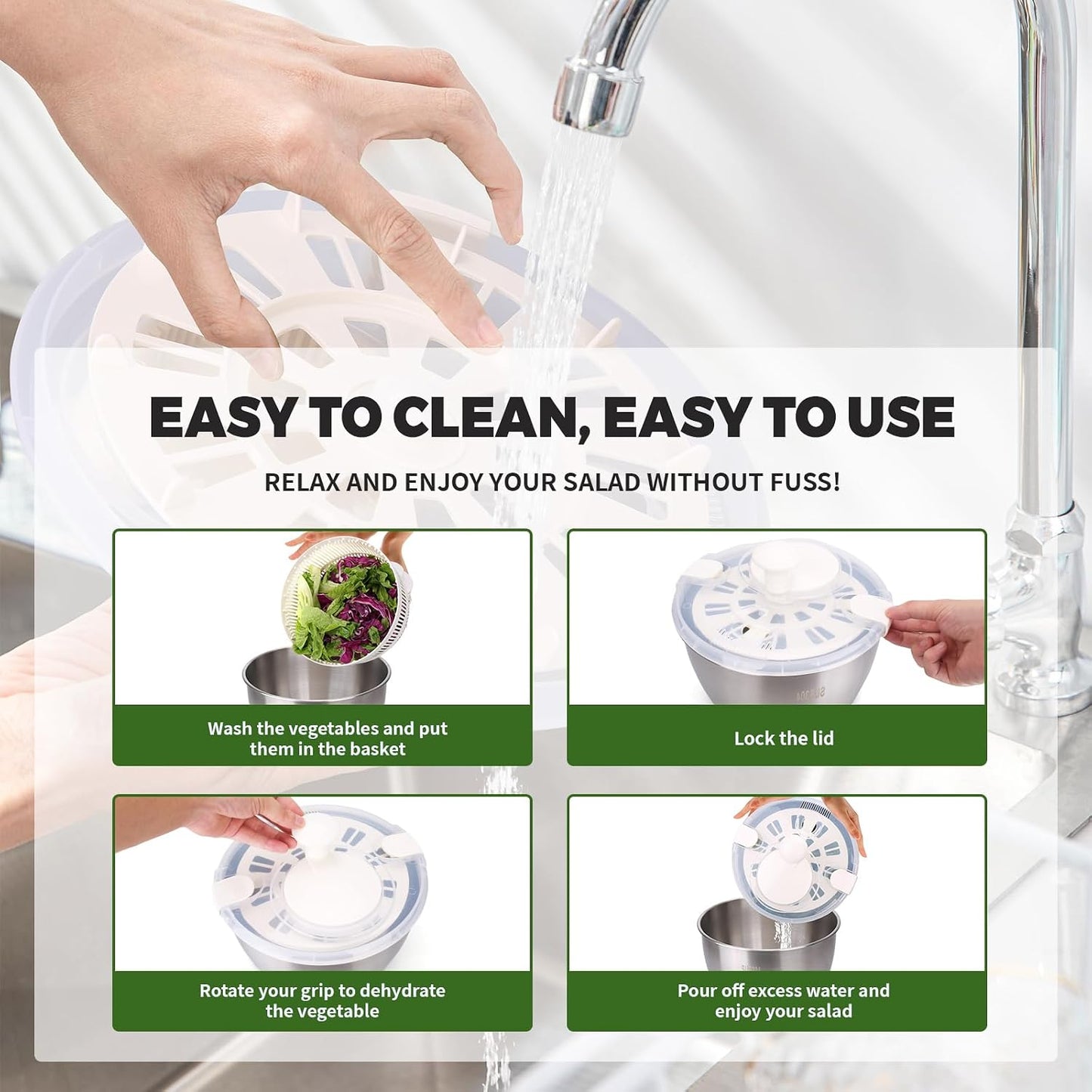 Stainless Steel Salad Spinner, 5 Quart Lettuce Washer Dryer Bowl for Greens | 5 quart stainless steel salad spinner helps wash and dry lettuce, greens and vegetables with bowl for daily kitchen prep use