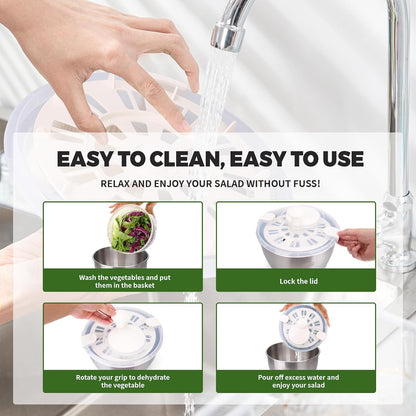 Stainless Steel Salad Spinner, 5 Quart Lettuce Washer Dryer Bowl for Greens | 5 quart stainless steel salad spinner helps wash and dry lettuce, greens and vegetables with bowl for daily kitchen prep use