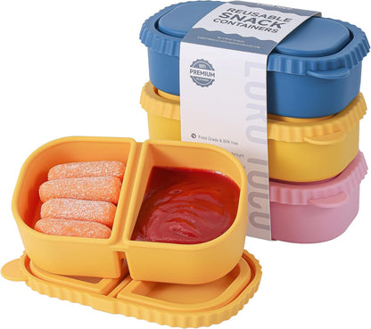 Silicone Reusable Snack Containers with Lids, 4 Pack 3 Compartment Bento Snack Boxes, Leakproof Food Storage Containers for Meal Prep, Lunch, Fruits, Kids & Adults, Dishwasher Safe