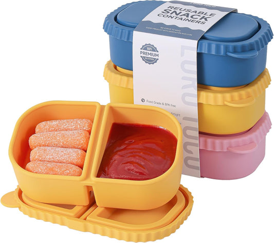 Silicone Reusable Snack Containers with Lids, 4 Pack 3 Compartment Bento Snack Boxes, Leakproof Food Storage Containers for Meal Prep, Lunch, Fruits, Kids & Adults, Dishwasher Safe