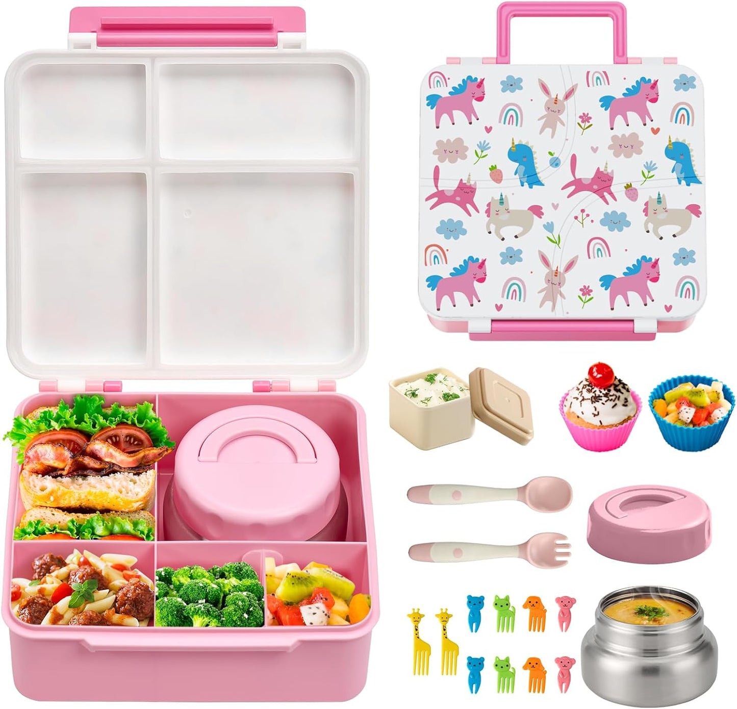 JSLOVE Bento Lunch Box with Leak Proof Thermos Food Jar for Kids, Food Lunch Containers for Boys with 4 Compartments, BPA-Free with Utensils, Food Picks, Sauce Jar & Silicone Lunch Box Dividers