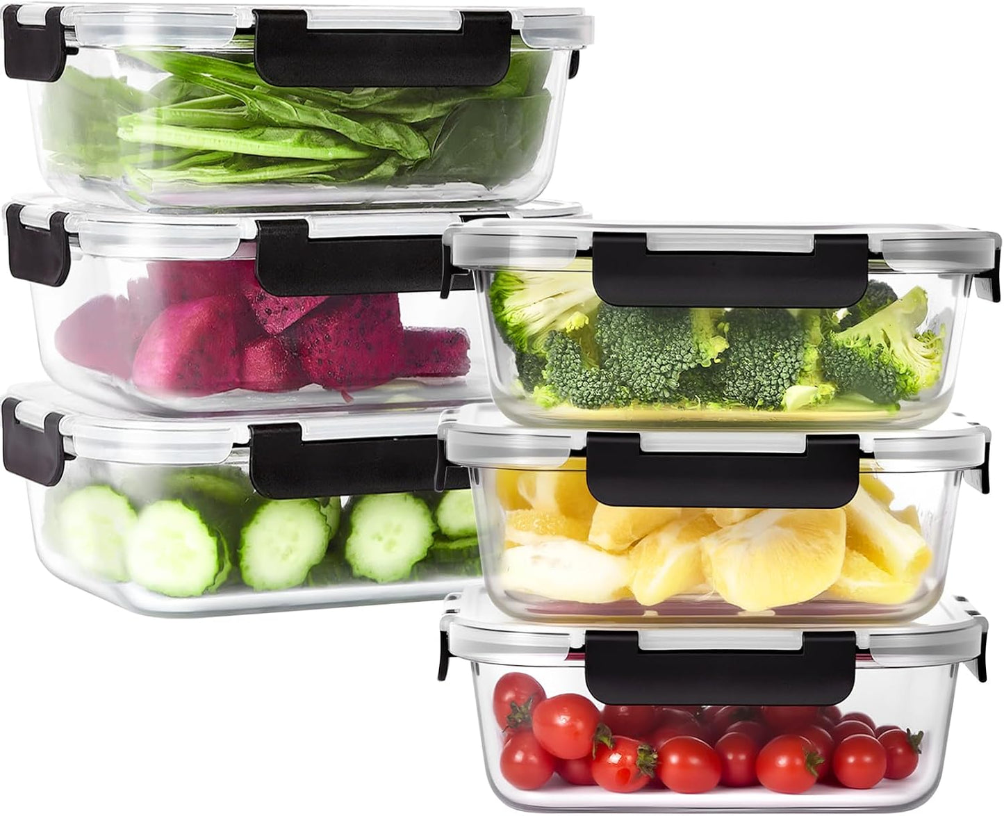 6 Pack Glass Food Storage Containers with Lids, 36 OZ Meal Prep Containers for Lunch, 4.5 Cup Airtight Glass Lunch Containers Set, Microwave, Oven, Freezer & Dishwasher Safe, BPA-Free
