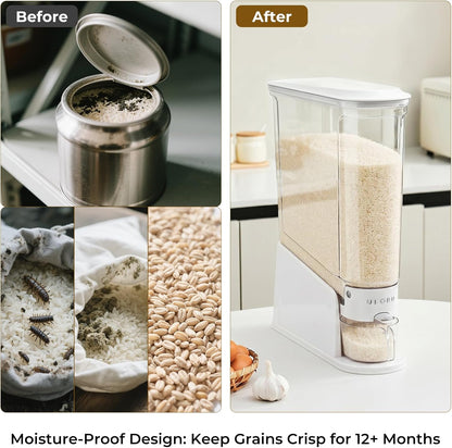 UFORU Rice Dispenser 11Lbs, Slim Rice Storage Container for Small Space, BPA-Free Clear Dry Food Dispenser Sealed Moisture Proof, Grain&Cereal Storage Bucket for Kitchen Pantry Household, Cream White