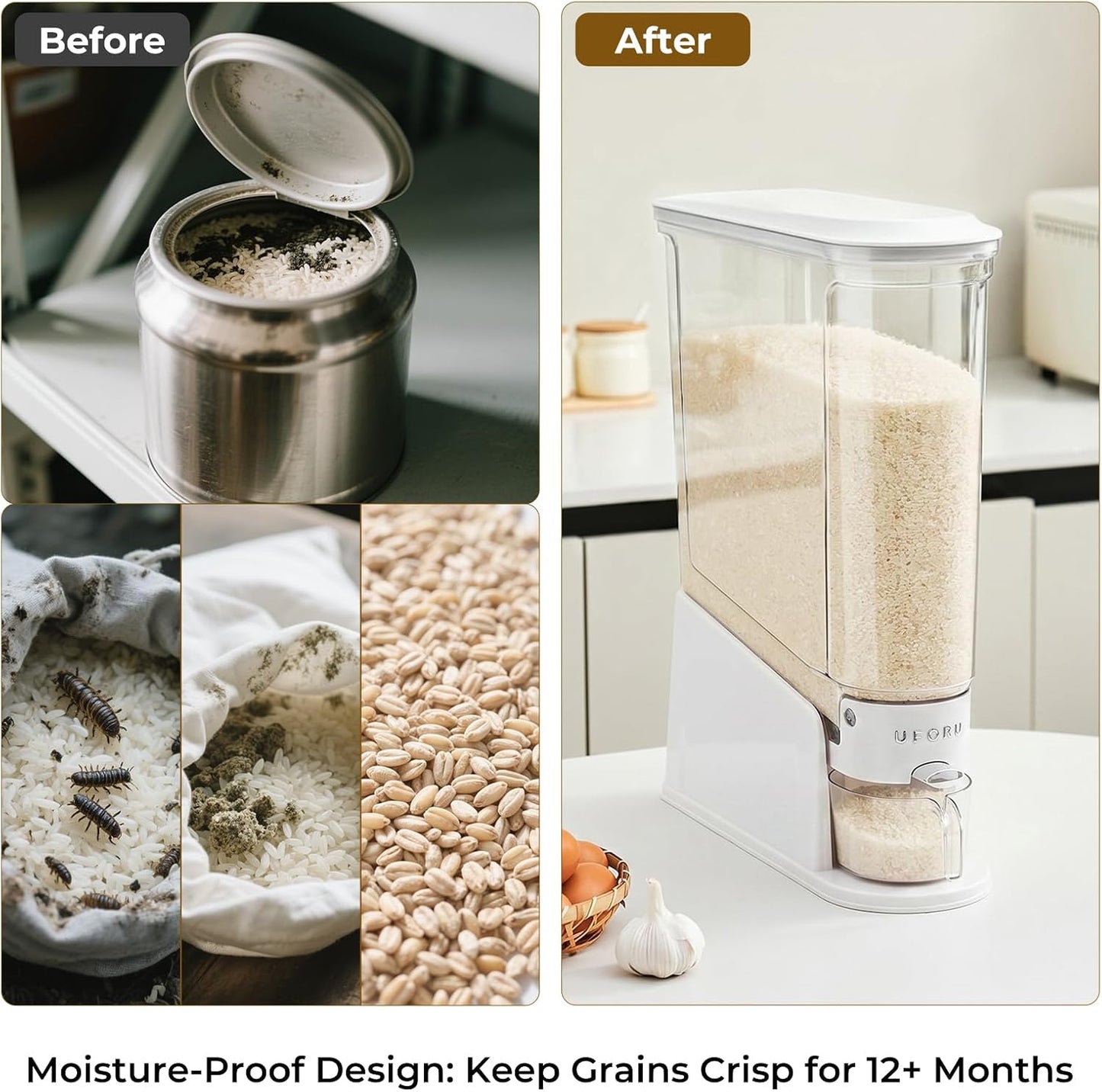 UFORU Rice Dispenser 22Lbs, Slim Rice Storage Container for Small Space, BPA-Free Clear Dry Food Dispenser Sealed Moisture Proof, Grain&Cereal Storage Bucket for Kitchen Pantry Household, Cream White