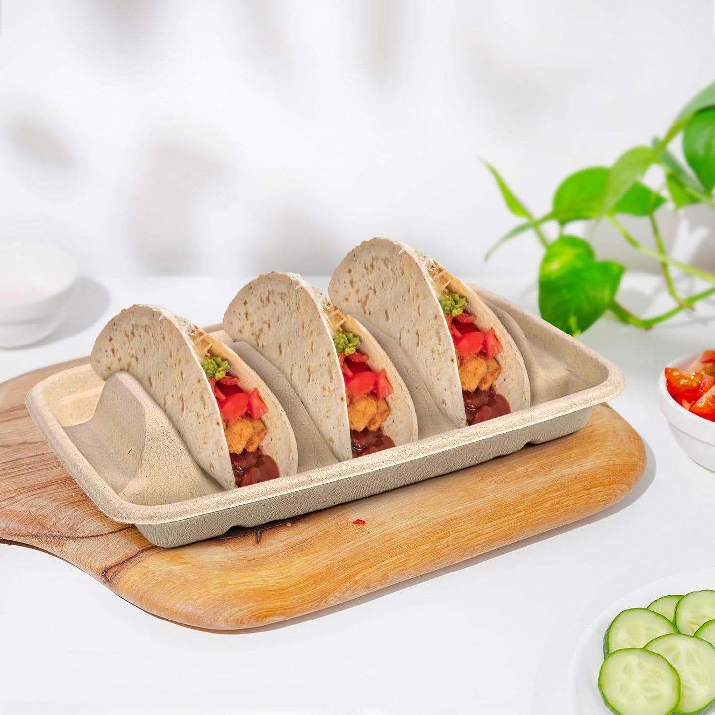 100 Pack Disposable Taco Holders, Disposable Taco Plates with Dividers, Compostable Paper Taco Holder Plates Trays, Taco Bar Serving Set for a Party, Taco Night, Taco Tuesday Decorations