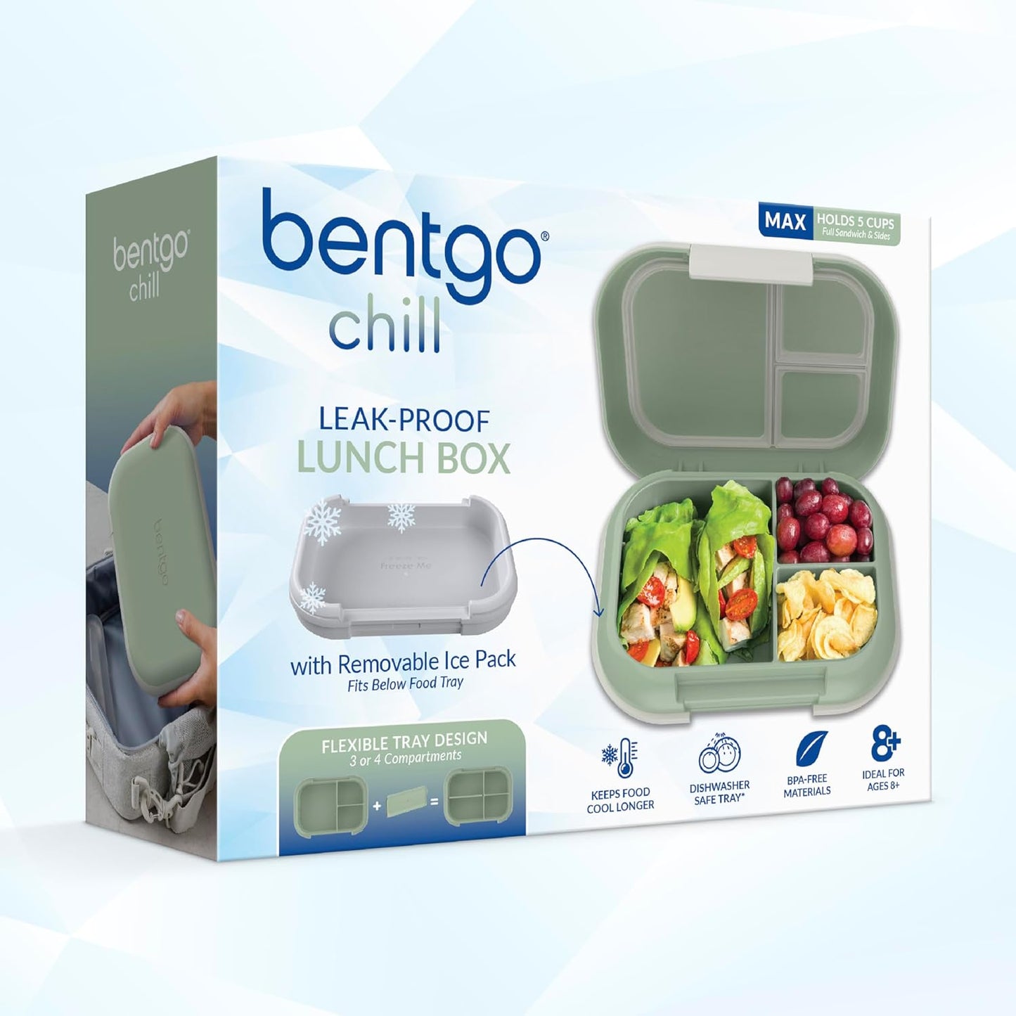 Bentgo Chill Max Leak-Proof XL Lunch Box - Included Ice Pack Keeps Food Cold; 5-Cup Capacity for Adults & Ages 8+, 3 or 4 Compartment Bento Box, BPA-Free, Dishwasher Safe (Bone & Glacier Blue)