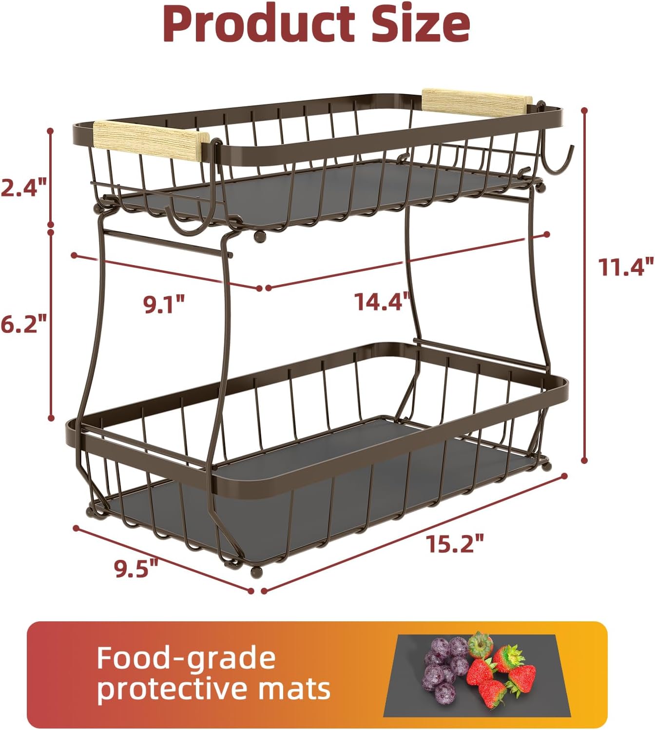 Sevenblue 2 Tier Large Fruit Basket for Kitchen Counter with 2 Mobile Banana Hangers, 2026 Pro Detachable Metal Fruit Bowl with Wooden Handle, Fruit Holder for Bread Snack Veggies with Protective Mats