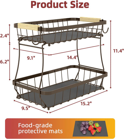Sevenblue 2 Tier Large Fruit Basket for Kitchen Counter with 2 Mobile Banana Hangers, 2026 Pro Detachable Metal Fruit Bowl with Wooden Handle, Fruit Holder for Bread Snack Veggies with Protective Mats