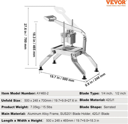 VEVOR Commercial Vegetable Slicer, 3/8" and 3/16" Tomato Slicer, Stainless Steel and Aluminum Alloy Vegetable Cutter Slicer, Manual Tomato Slicer with Non-slip Feet, for Tomatoes, Potatoes, Onions