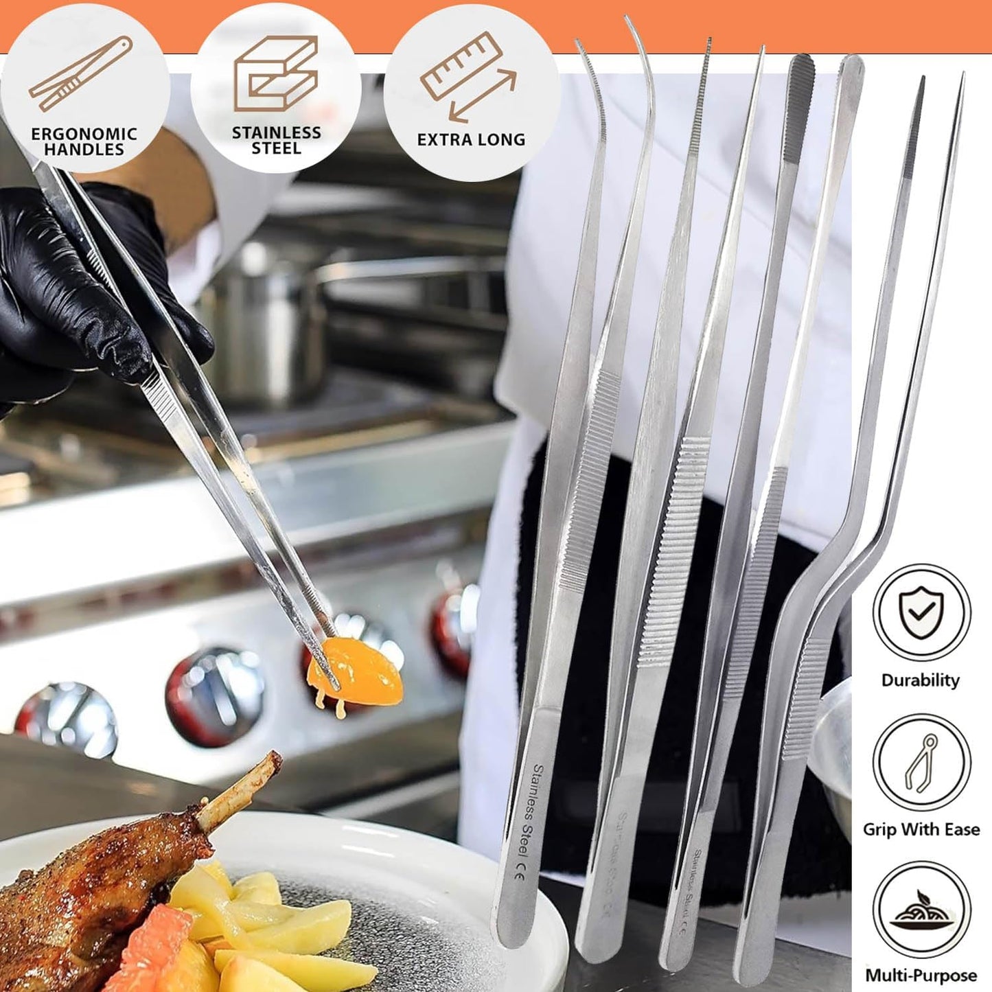 6 Inch Professional Culinary Stainless Steel Precision Tongs with Serrated Tips, Plating/Food Presentation Detailing Serving Tongs, Chef's Kitchen Tweezer Tongs - Ultra Non-Slip Grip