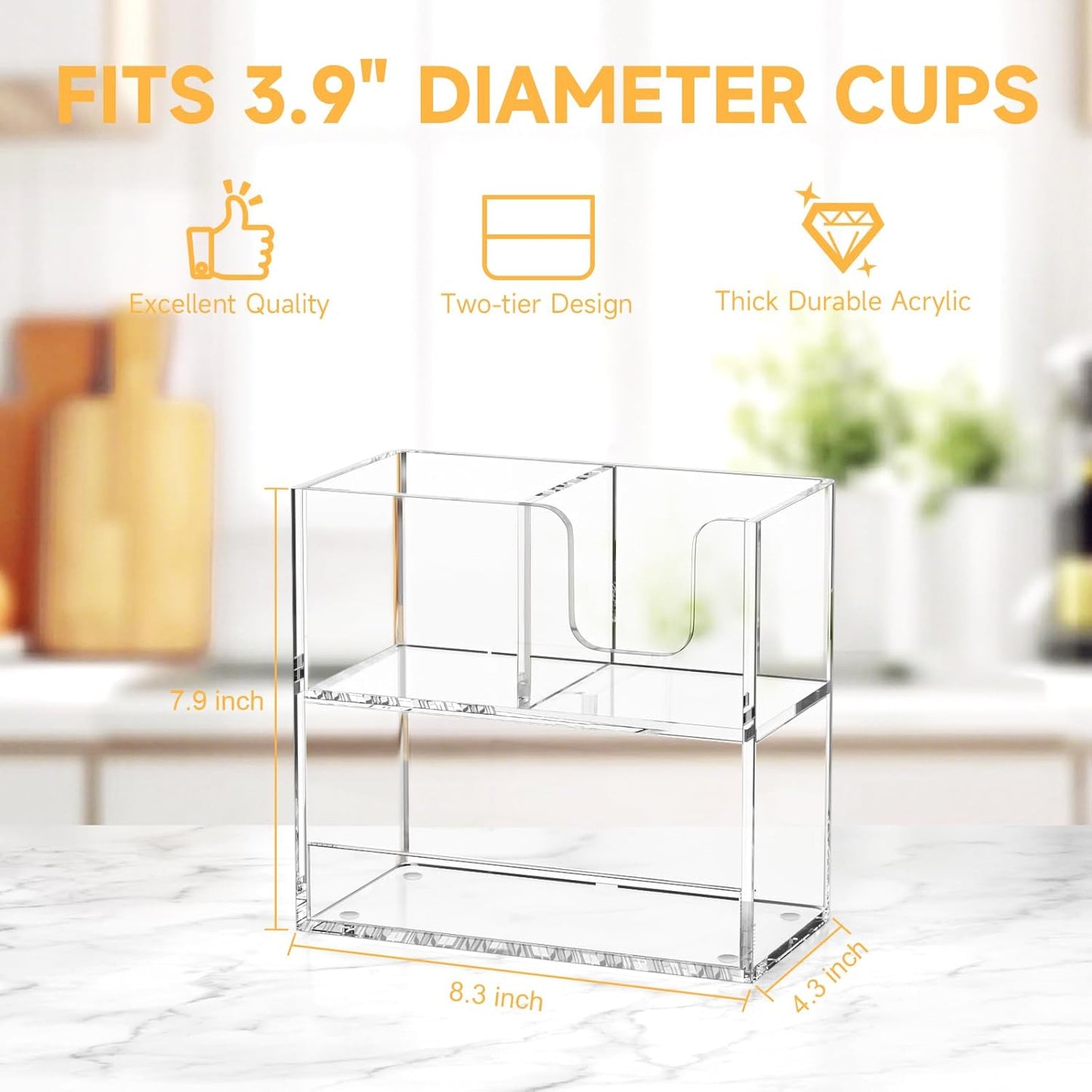 Coffee Condiment and Cup Organizer - 2-Tier Upright Cup and Lid Holder with Straw Organizer 2 Compartments Clear Acrylic Cup Dispenser for Restaurant Breakroom Coffee Station Countertop