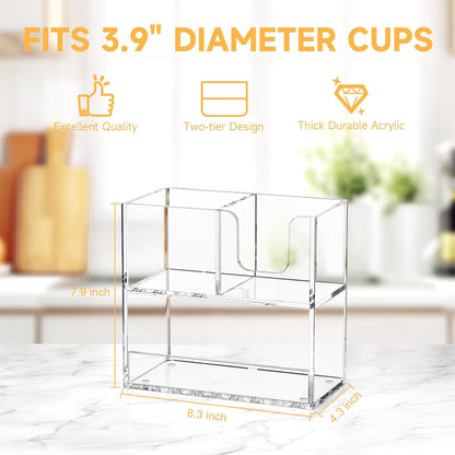 Coffee Condiment and Cup Organizer - 2-Tier Upright Cup and Lid Holder with Straw Organizer 2 Compartments Clear Acrylic Cup Dispenser for Restaurant Breakroom Coffee Station Countertop
