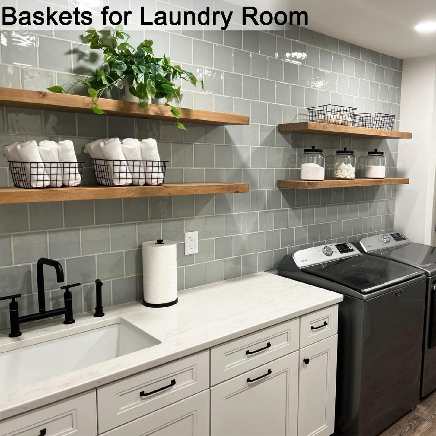 3 Pack Large Wire Baskets for Organizing 14.2'' Metal Wire Baskets with Built-in Handles, Wire Storage Basket Black Metal Freezer Organizer Wire Basket for Pantry, Cabinets, Bathroom