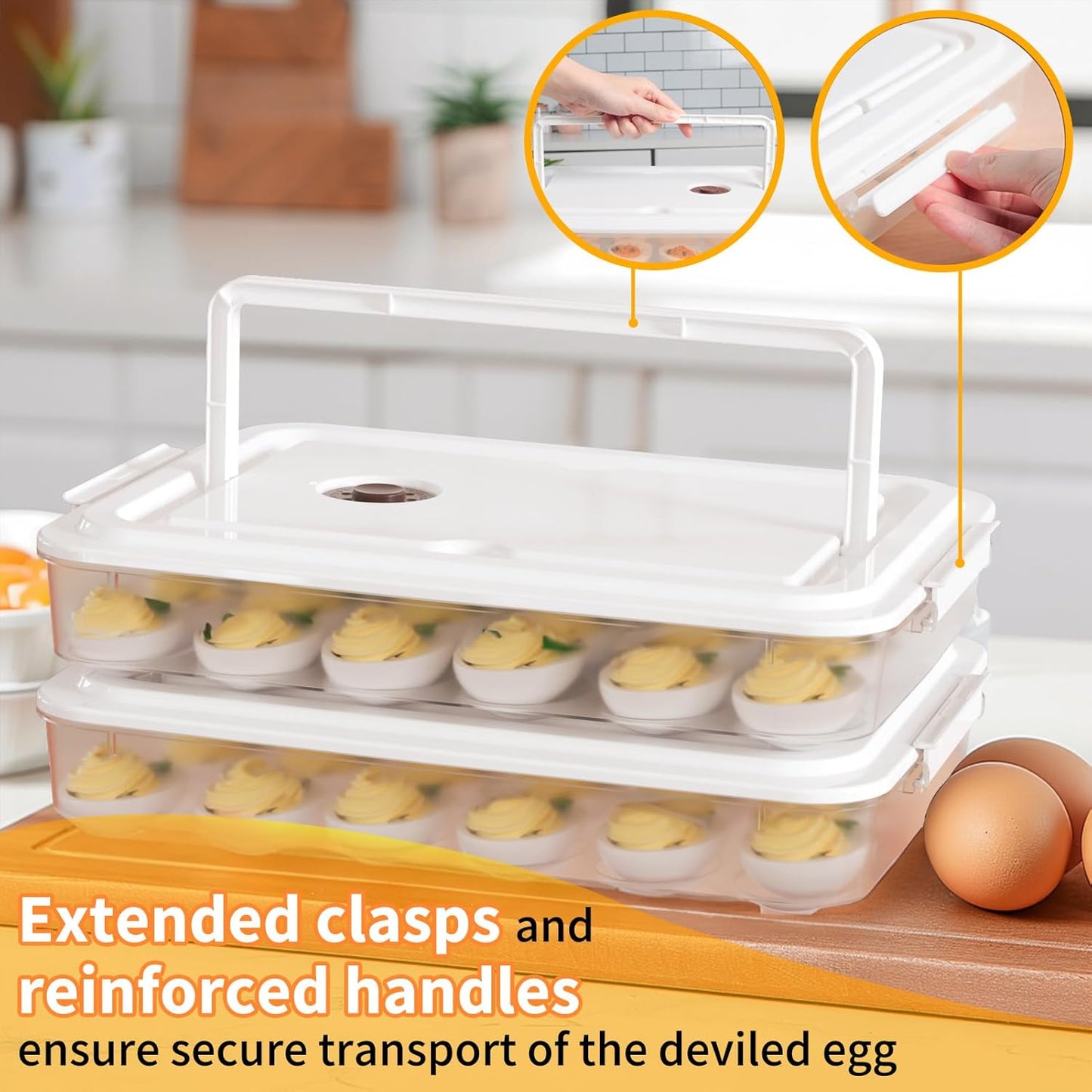Newness Deviled Egg Containers with Lid, (Set of 4), Plastic Deviled Egg Carrier with Handle for Eggs, Clear Storage Devil Egg Platter, Fridge Portable Egg Tray, Perfect for Picnic and Party