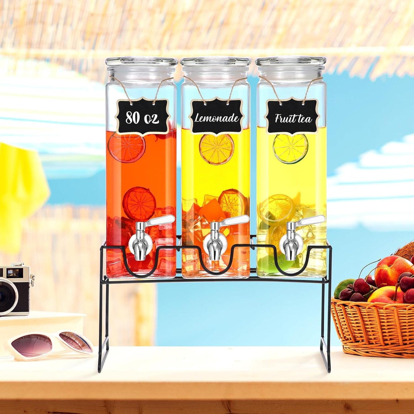 3 Pack 80 oz Tall Glass Drink Dispenser with Stand, Lid, Label and Stainless Steel Leakproof Spigot Beverage Water Dispenser Clear Mason Jar for Party Fridge(Square)