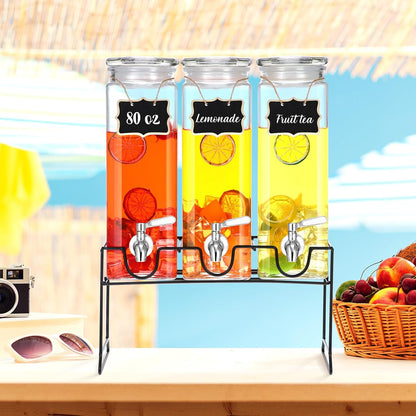 3 Pack 80 oz Tall Glass Drink Dispenser with Stand, Lid, Label and Stainless Steel Leakproof Spigot Beverage Water Dispenser Clear Mason Jar for Party Fridge(Square)
