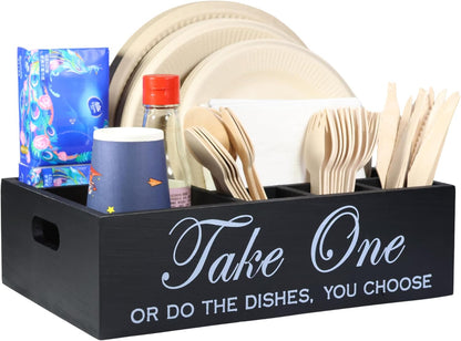 Paper Plate Holder Utensil Caddy Organizer - Rustic Wood Disposable Plate Dispenser with Handles for Cups, Forks, Spoons, Napkins and Silverware Holders (handle paper plate holder)